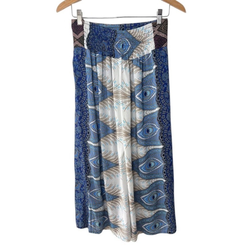 Bamboo Trading Company Blue Peacock Paisley Print Wide Leg Palazzo Pants‎ Boho